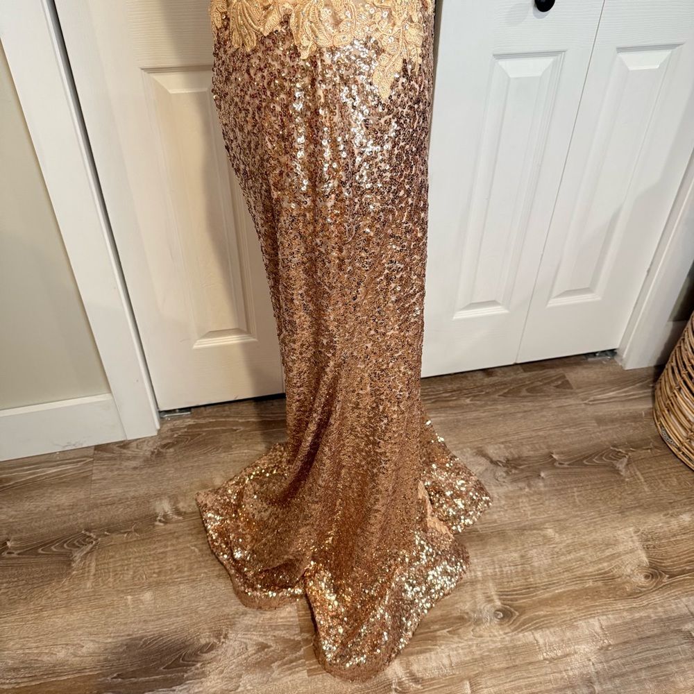 Colette by Daphne, Gold Lace and Sequence with Shear Bodice/ High Slit, Size  10 - Picture 11 of 17